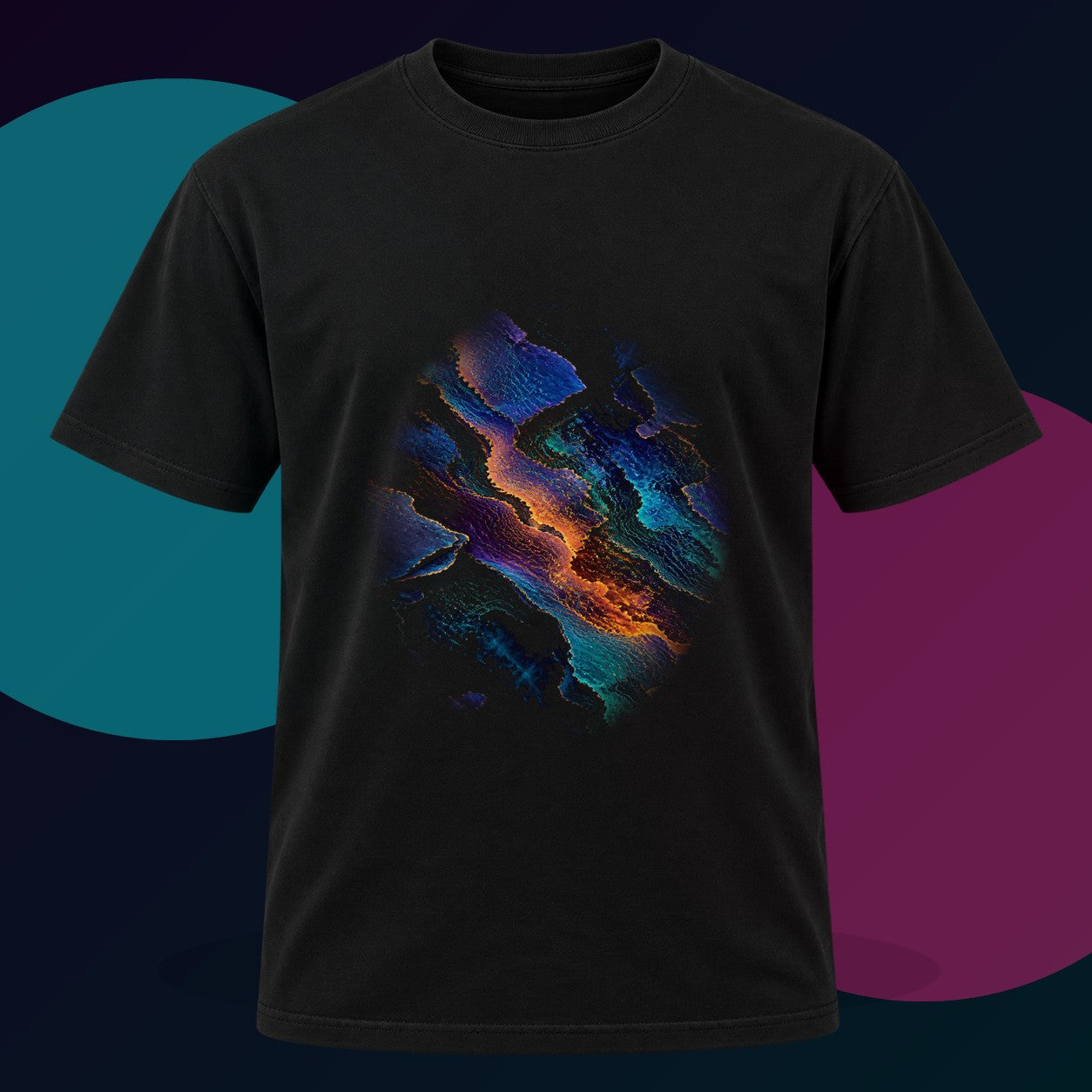 Radiant Cartographic Scar original KOSVYRE design on a black graphic tee with cyan and violet studio lighting