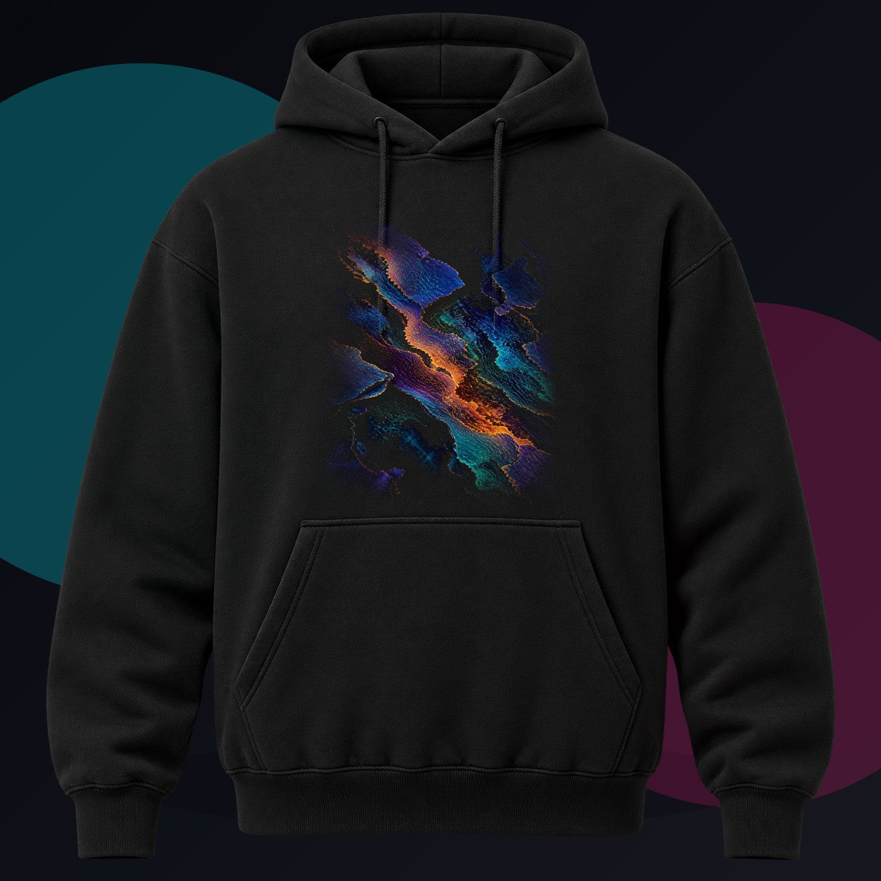Radiant Cartographic Scar original KOSVYRE design on a black hoodie against a graphite studio background