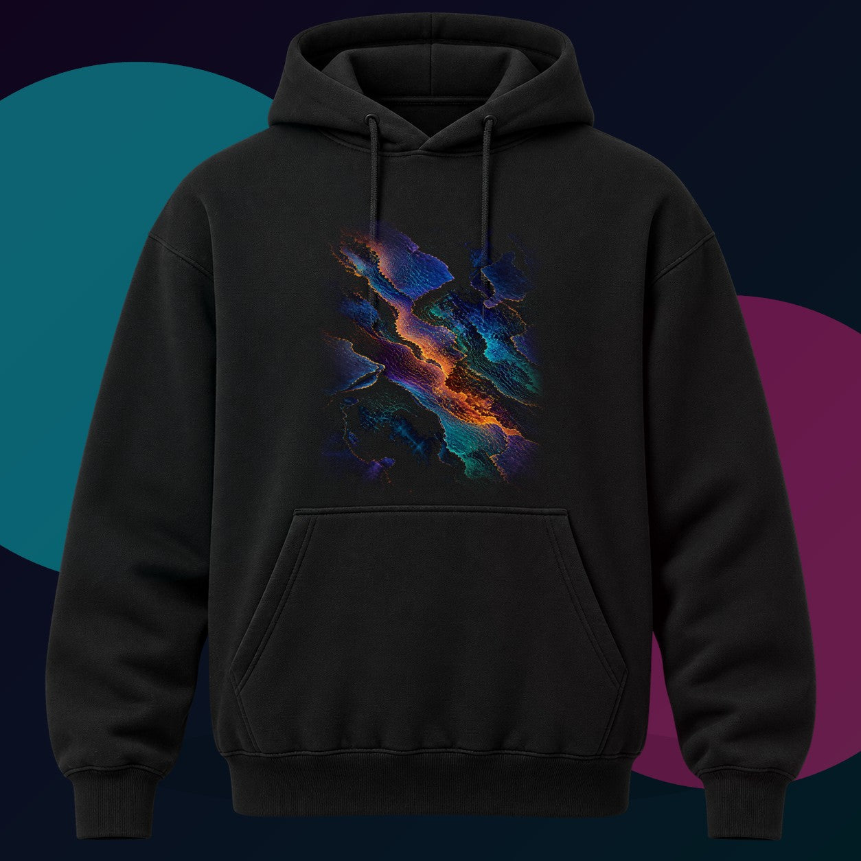 Radiant Cartographic Scar original KOSVYRE design on a black hoodie with cyan and violet studio lighting