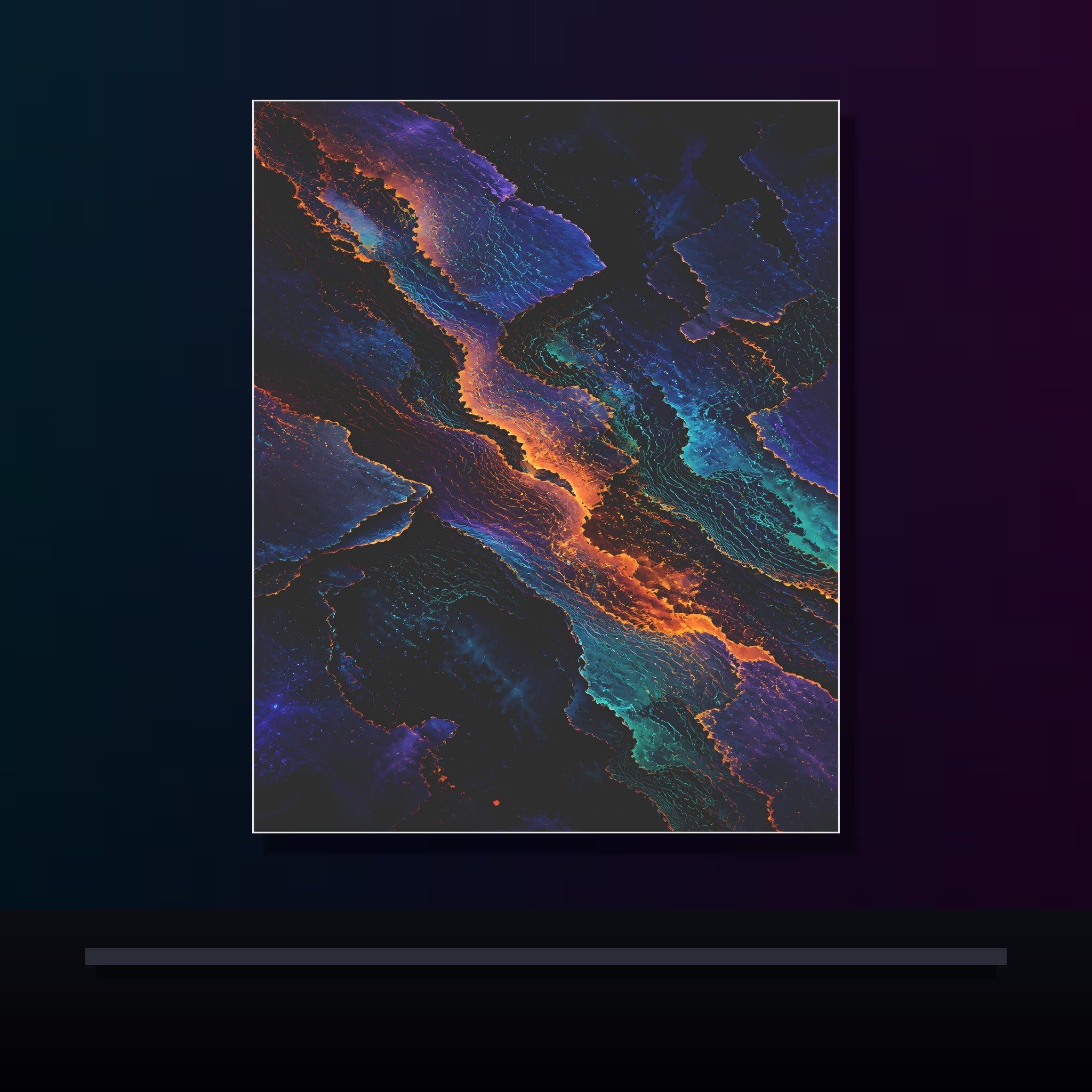Radiant Cartographic Scar original KOSVYRE poster displayed in a dark psychedelic gallery setting