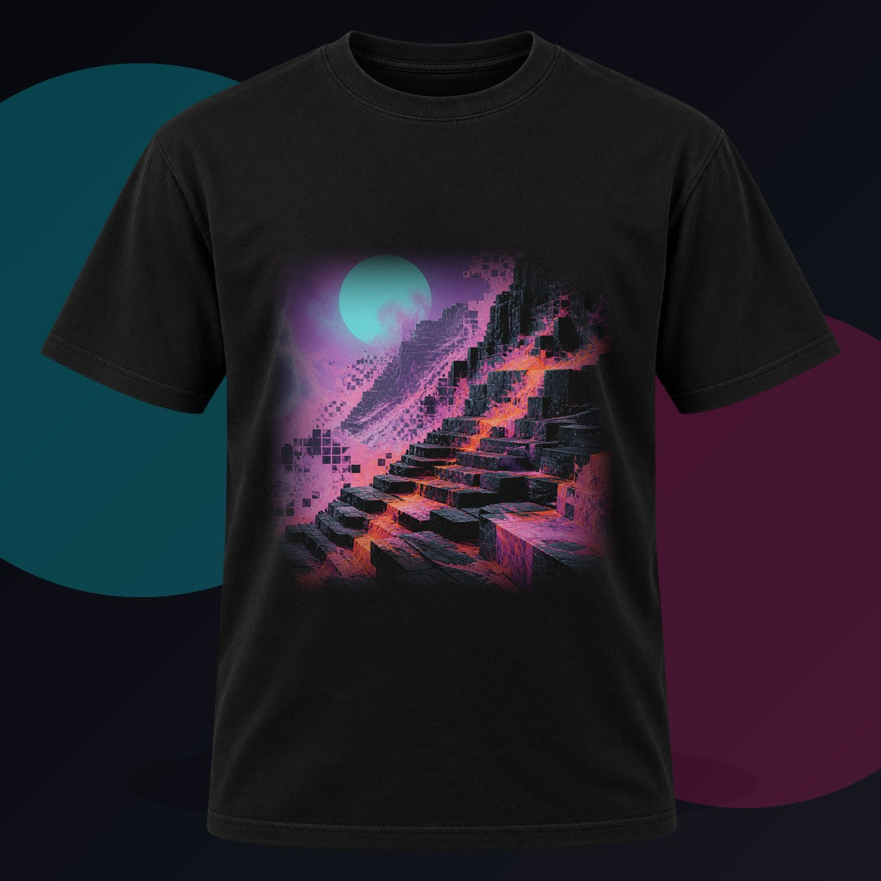 Raster Moon Quarry original KOSVYRE design on a black graphic tee against a graphite studio background