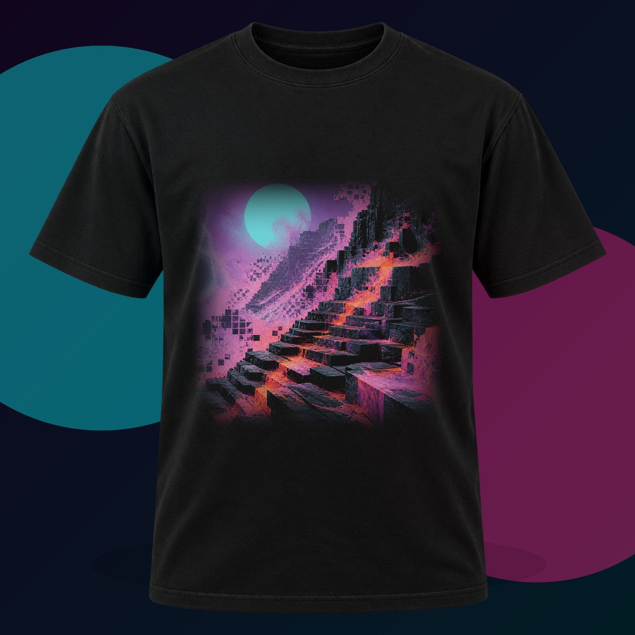 Raster Moon Quarry original KOSVYRE design on a black graphic tee with cyan and violet studio lighting