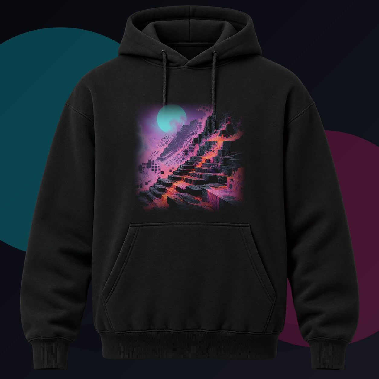 Raster Moon Quarry original KOSVYRE design on a black hoodie against a graphite studio background