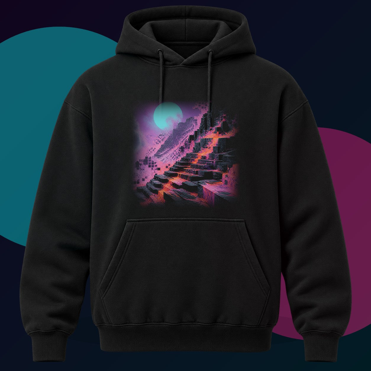 Raster Moon Quarry original KOSVYRE design on a black hoodie with cyan and violet studio lighting