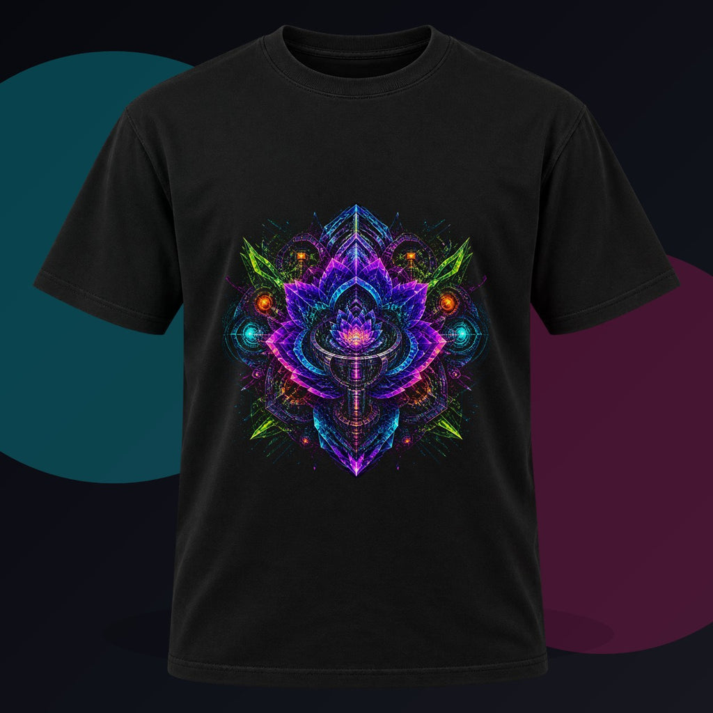 Recursion Engine Bloom original KOSVYRE design on a black graphic tee against a graphite studio background