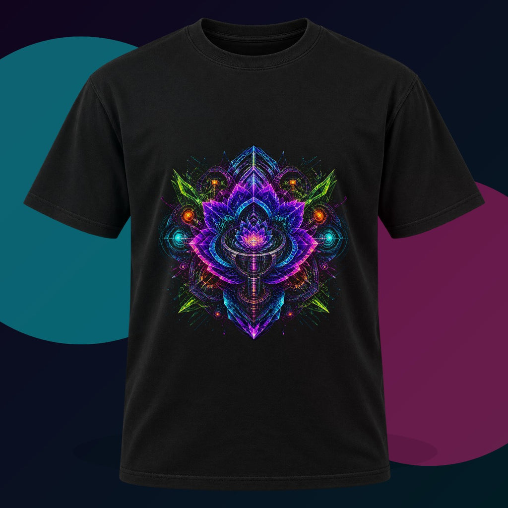 Recursion Engine Bloom original KOSVYRE design on a black graphic tee with cyan and violet studio lighting