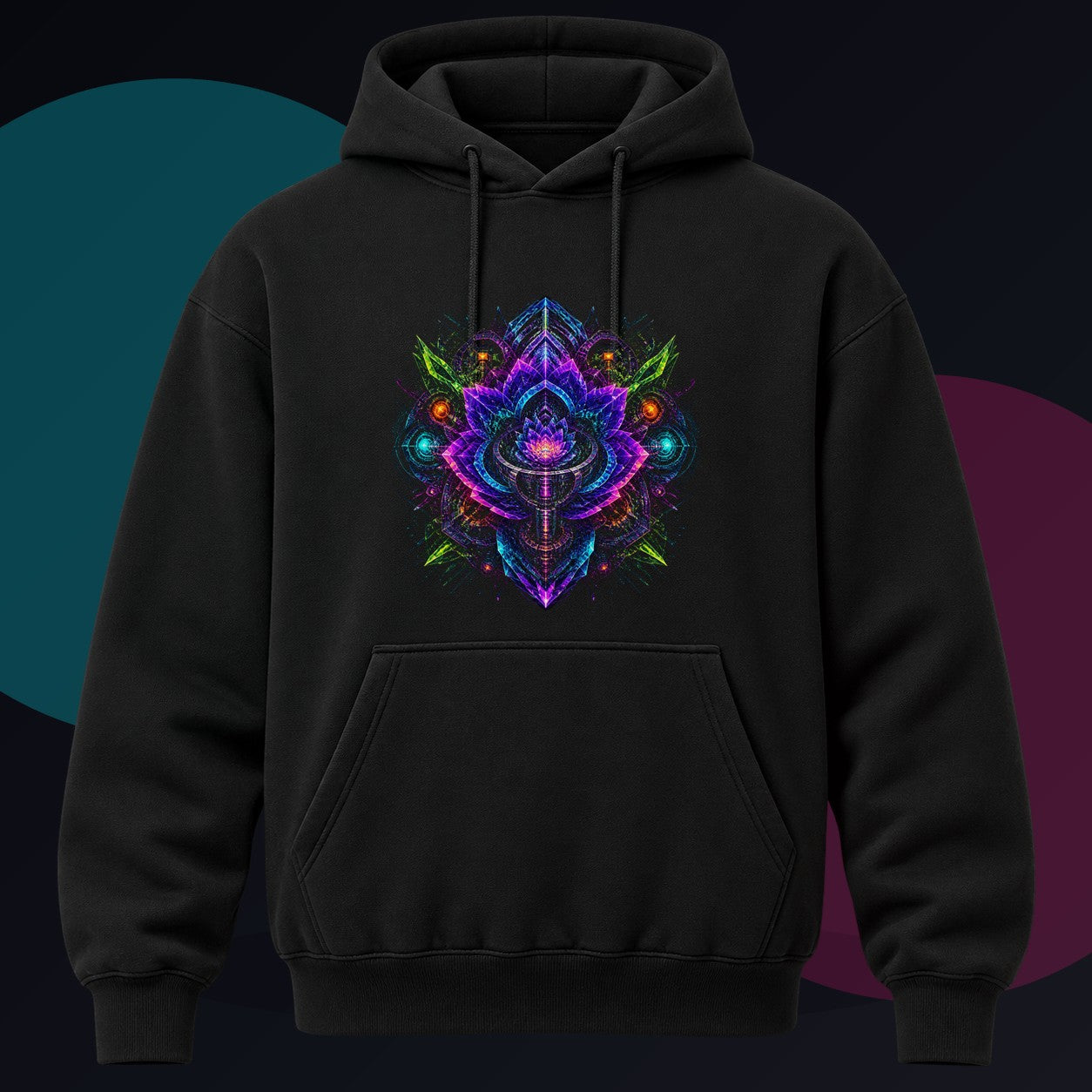 Recursion Engine Bloom original KOSVYRE design on a black hoodie against a graphite studio background