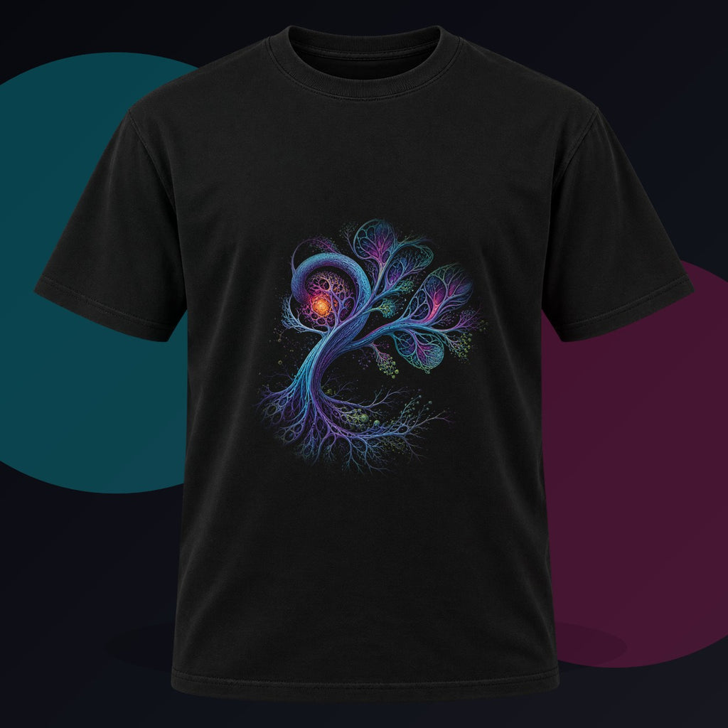 Recursive Botany original KOSVYRE design on a black graphic tee against a graphite studio background