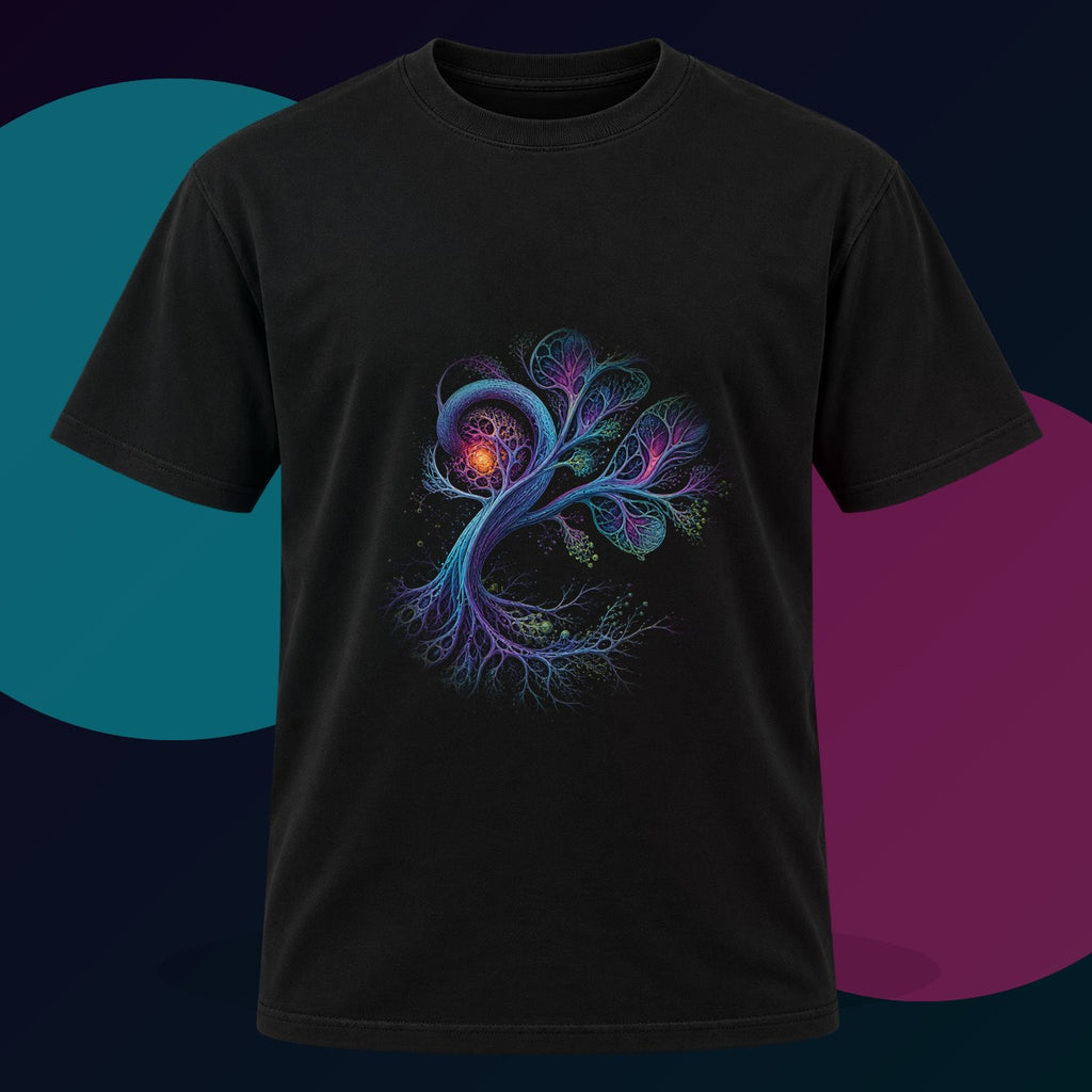 Recursive Botany original KOSVYRE design on a black graphic tee with cyan and violet studio lighting