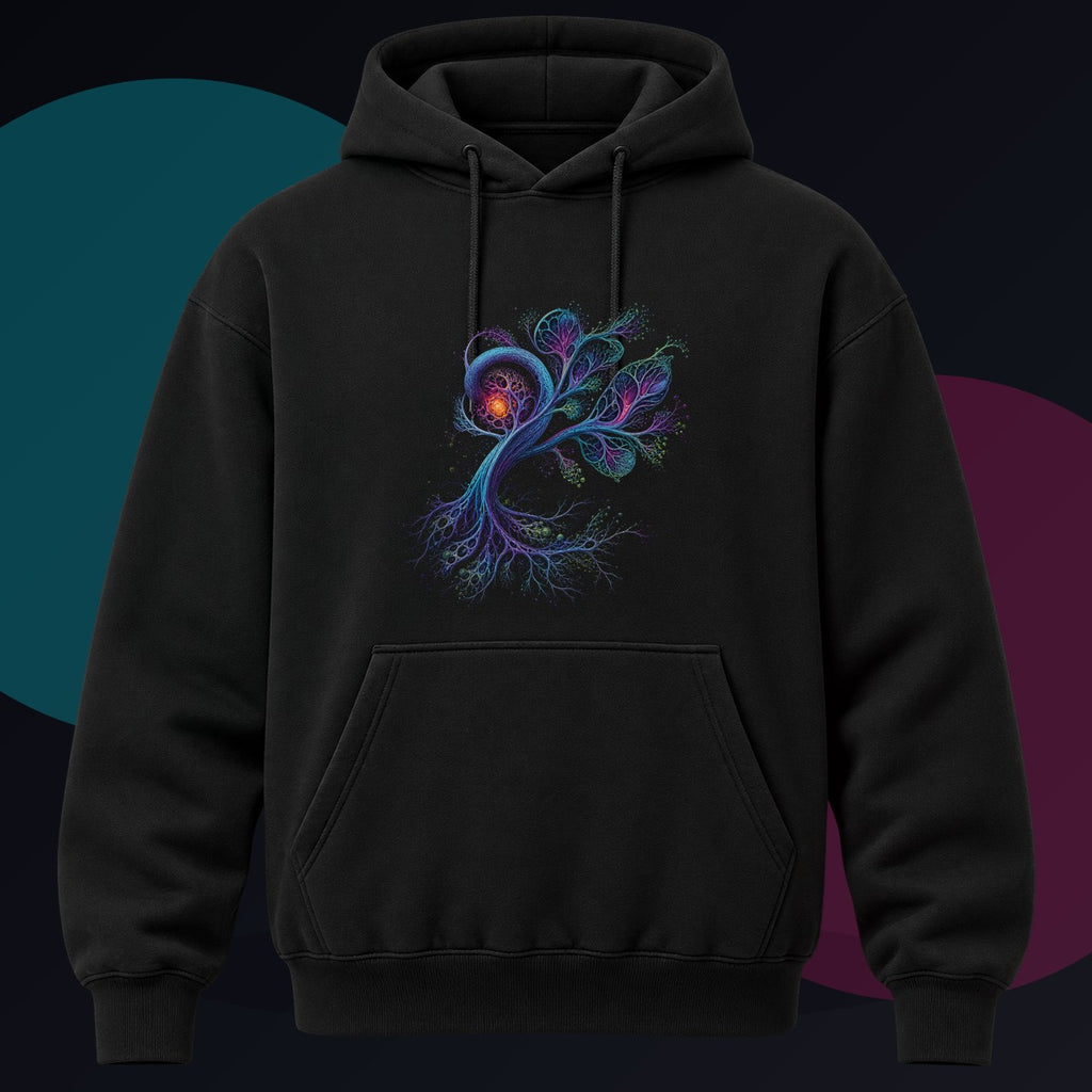 Recursive Botany original KOSVYRE design on a black hoodie against a graphite studio background