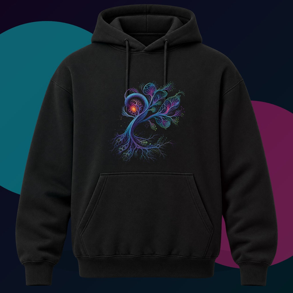 Recursive Botany original KOSVYRE design on a black hoodie with cyan and violet studio lighting