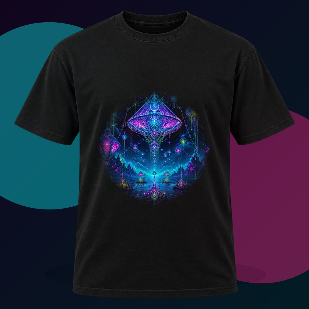 Recursive Lantern Field original KOSVYRE design on a black graphic tee with cyan and violet studio lighting