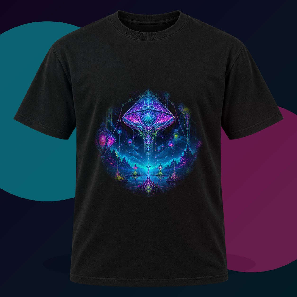 Recursive Lantern Field original KOSVYRE design on a black graphic tee with cyan and violet studio lighting