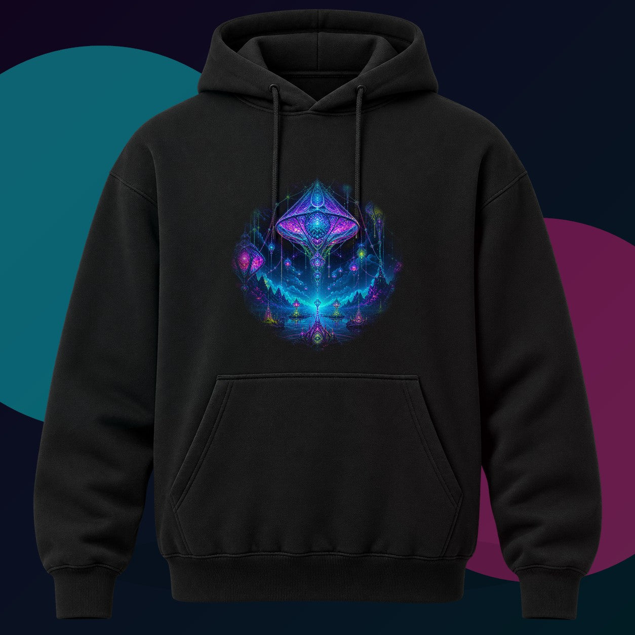 Recursive Lantern Field original KOSVYRE design on a black hoodie with cyan and violet studio lighting