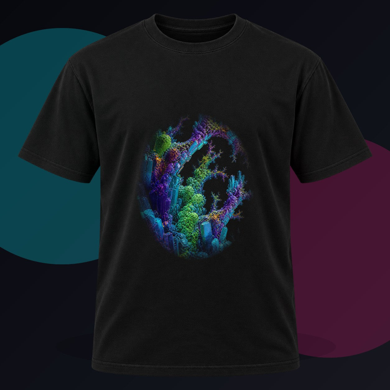 Recursive Mineral Choir original KOSVYRE design on a black graphic tee against a graphite studio background