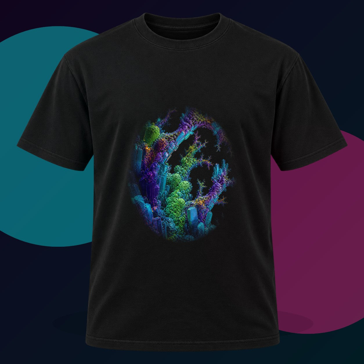 Recursive Mineral Choir original KOSVYRE design on a black graphic tee with cyan and violet studio lighting