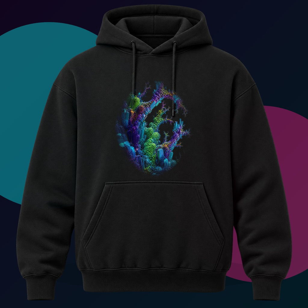 Recursive Mineral Choir original KOSVYRE design on a black hoodie with cyan and violet studio lighting