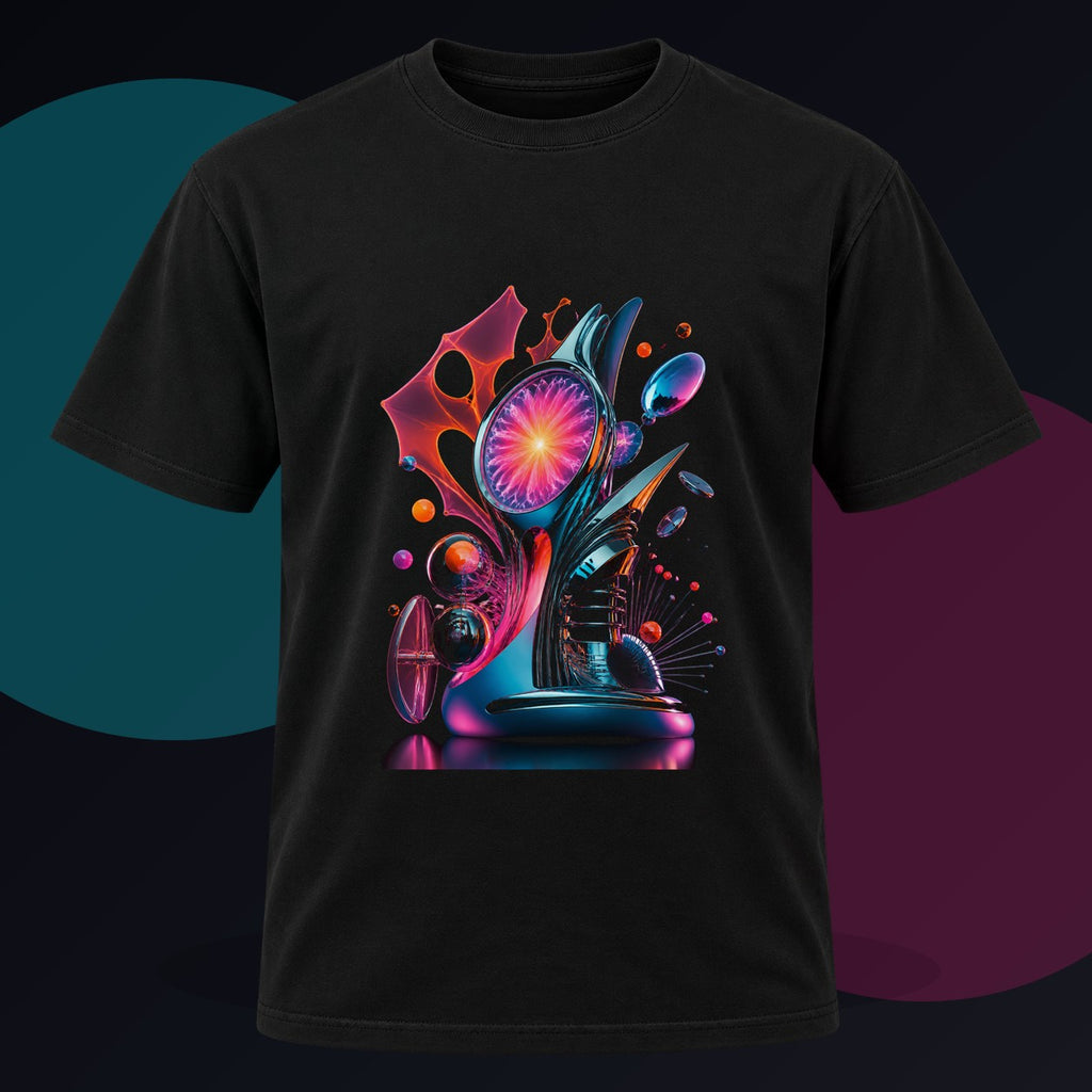 Retro Signal Bloom original KOSVYRE design on a black graphic tee against a graphite studio background