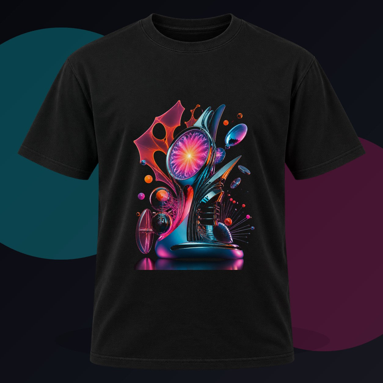 Retro Signal Bloom original KOSVYRE design on a black graphic tee against a graphite studio background