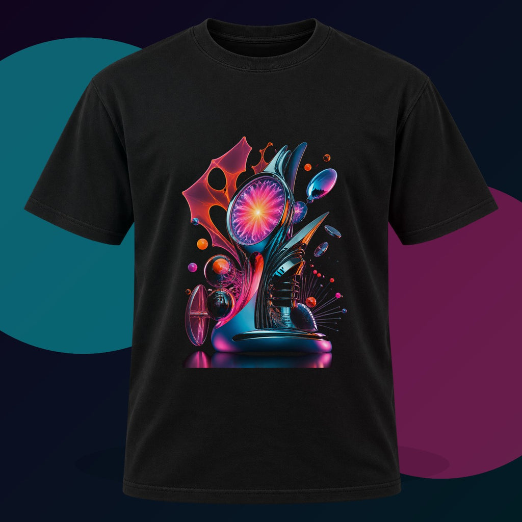 Retro Signal Bloom original KOSVYRE design on a black graphic tee with cyan and violet studio lighting