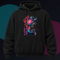 Retro Signal Bloom original KOSVYRE design on a black hoodie against a graphite studio background