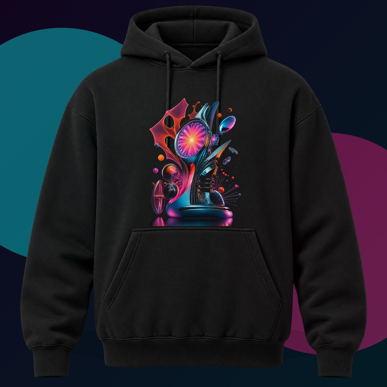 Retro Signal Bloom original KOSVYRE design on a black hoodie with cyan and violet studio lighting