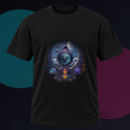 Retrofuture Weather Bureau original KOSVYRE design on a black graphic tee against a graphite studio background