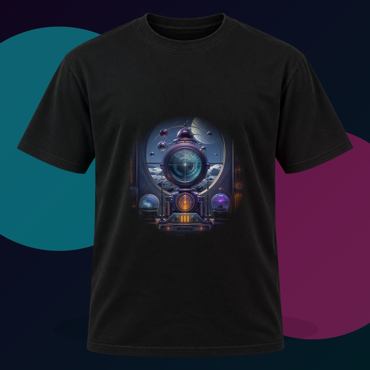Retrofuture Weather Bureau original KOSVYRE design on a black graphic tee with cyan and violet studio lighting