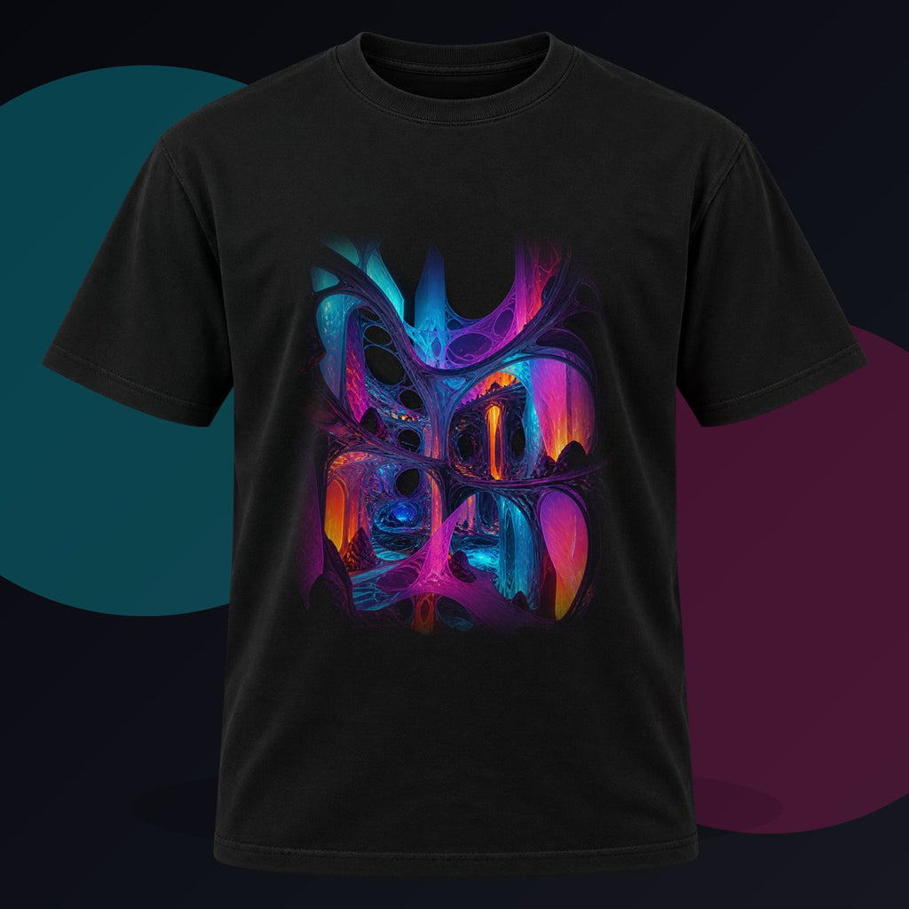 Rootless Atrium original KOSVYRE design on a black graphic tee against a graphite studio background