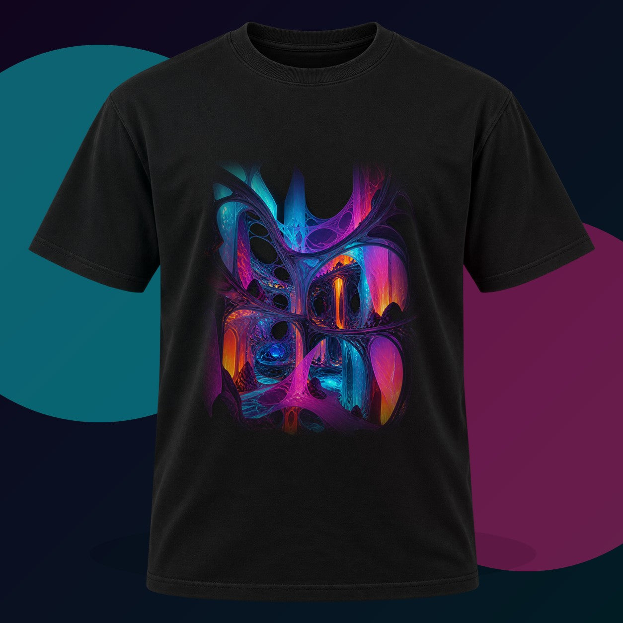 Rootless Atrium original KOSVYRE design on a black graphic tee with cyan and violet studio lighting