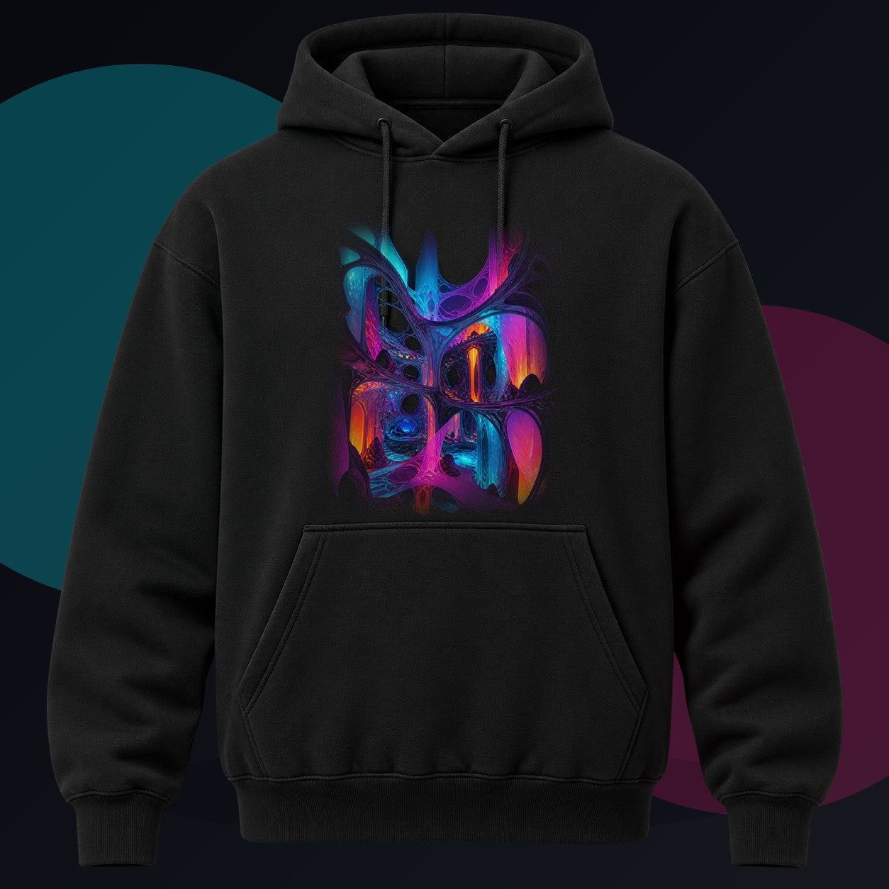 Rootless Atrium original KOSVYRE design on a black hoodie against a graphite studio background