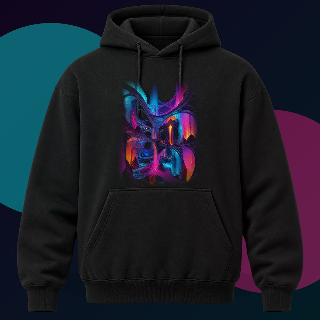 Rootless Atrium original KOSVYRE design on a black hoodie with cyan and violet studio lighting
