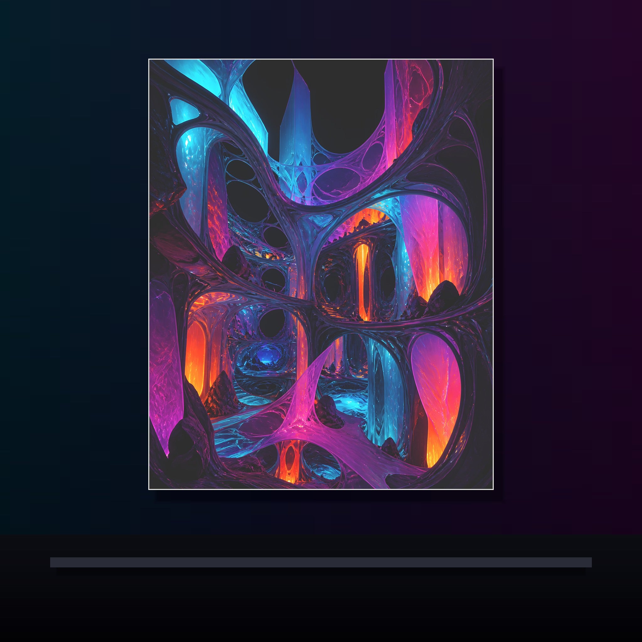 Rootless Atrium original KOSVYRE poster displayed in a dark psychedelic gallery setting