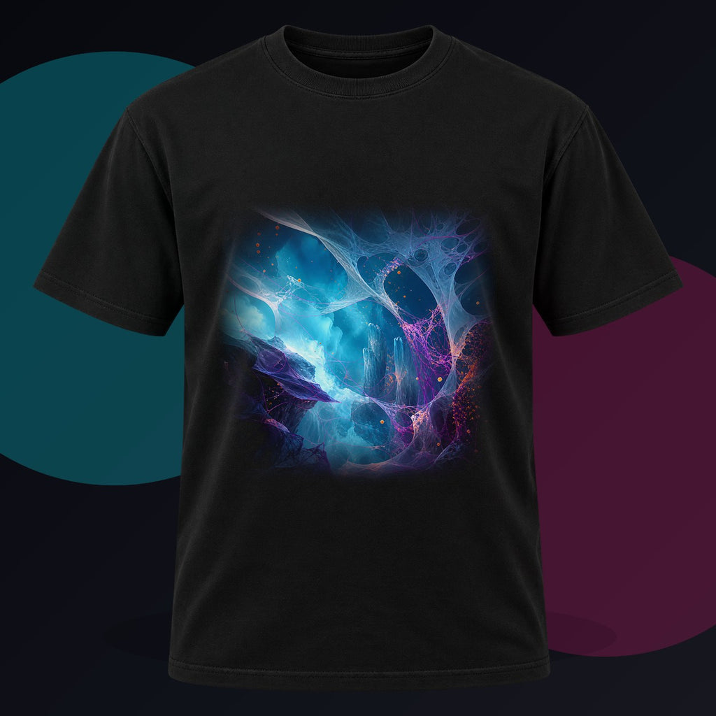 Rootless Weather Cathedral original KOSVYRE design on a black graphic tee against a graphite studio background
