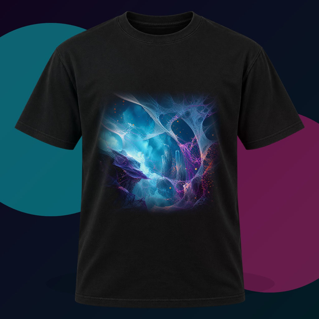 Rootless Weather Cathedral original KOSVYRE design on a black graphic tee with cyan and violet studio lighting
