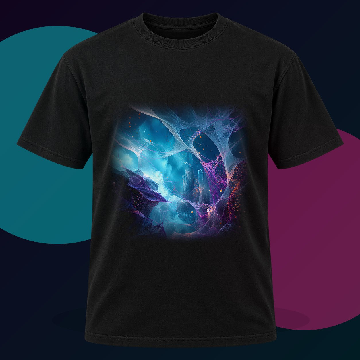 Rootless Weather Cathedral original KOSVYRE design on a black graphic tee with cyan and violet studio lighting