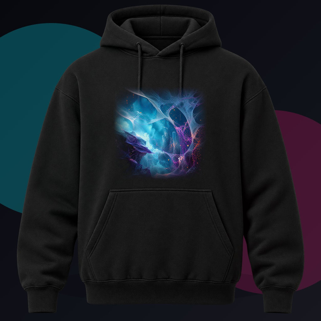 Rootless Weather Cathedral original KOSVYRE design on a black hoodie against a graphite studio background