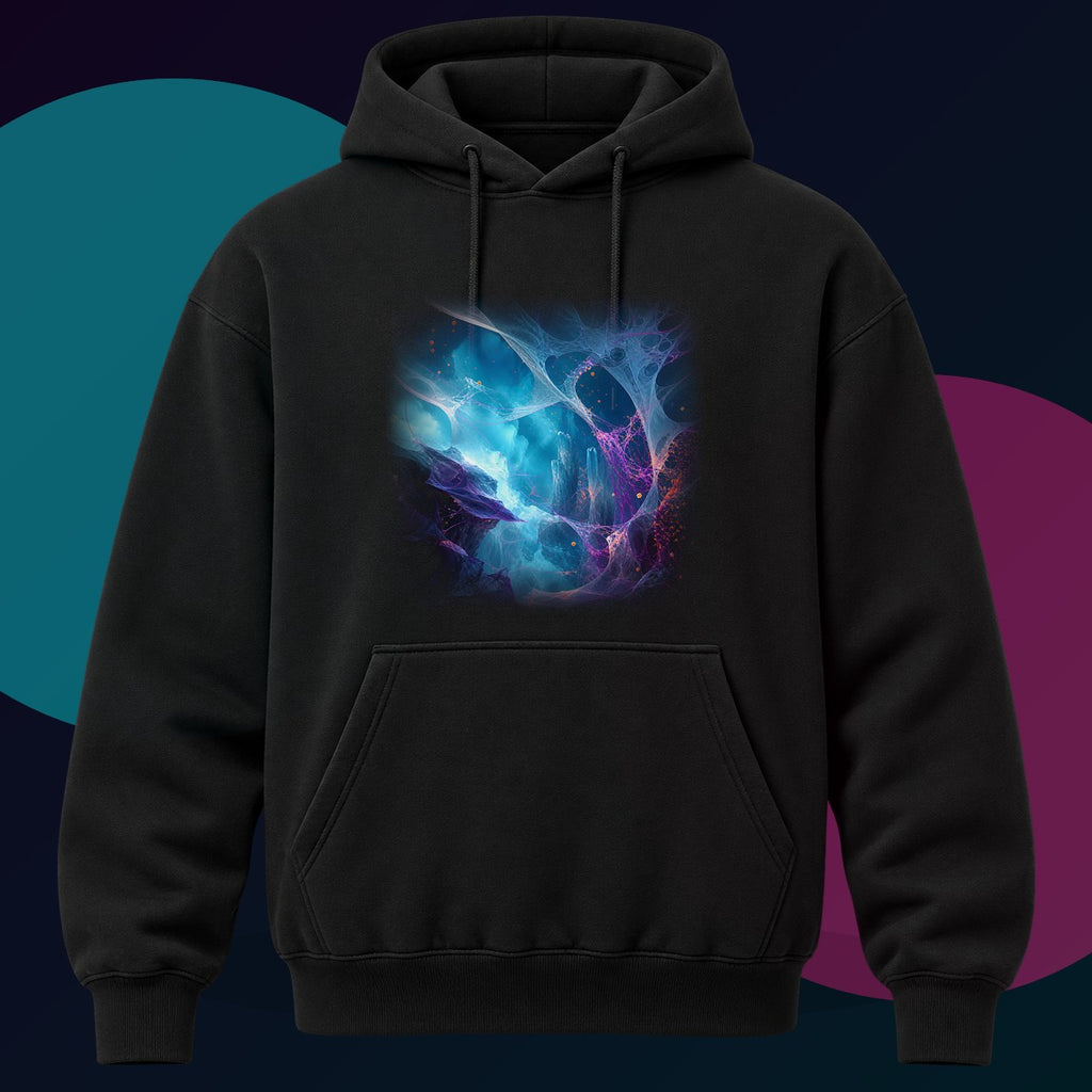 Rootless Weather Cathedral original KOSVYRE design on a black hoodie with cyan and violet studio lighting