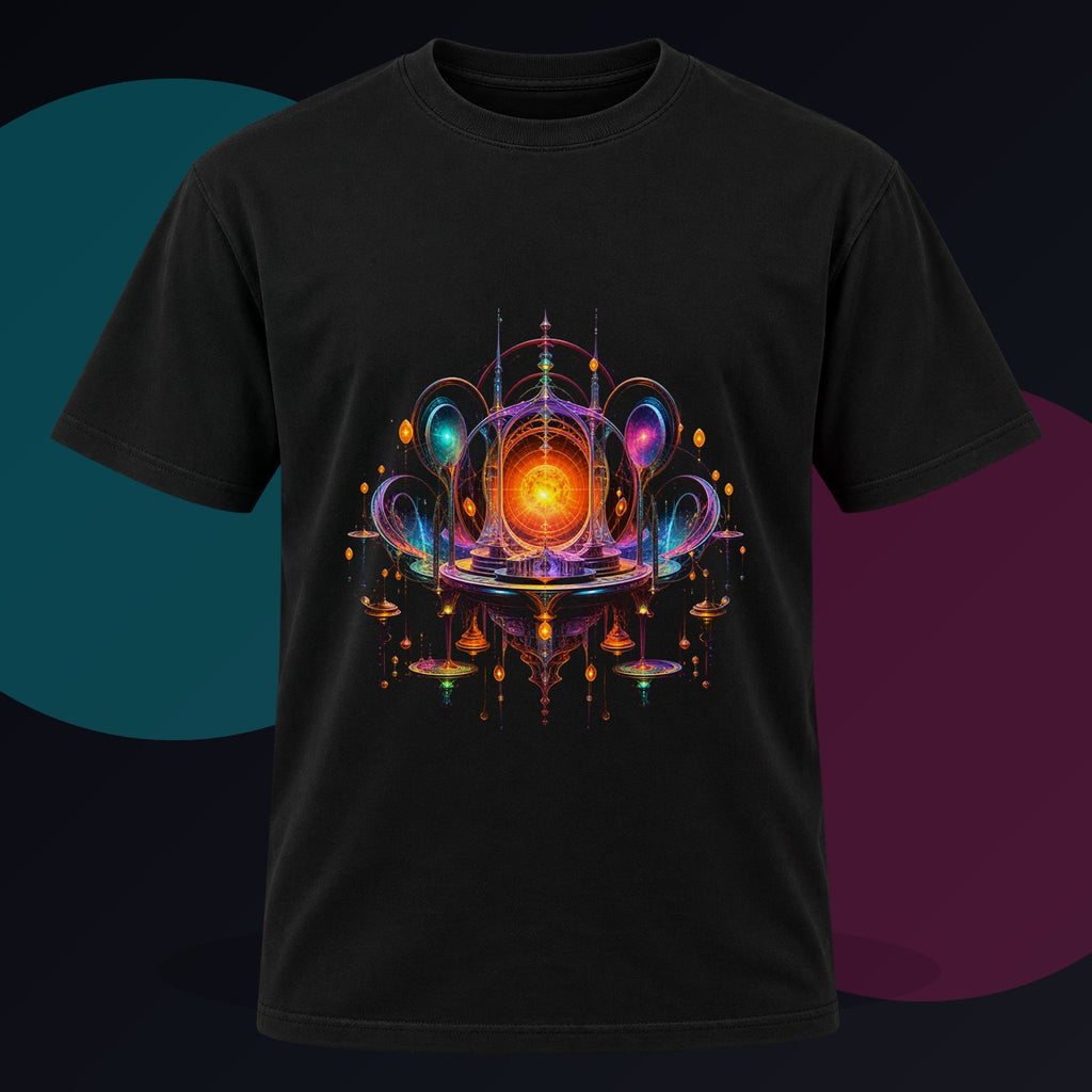 Saffron Void Observatory original KOSVYRE design on a black graphic tee against a graphite studio background
