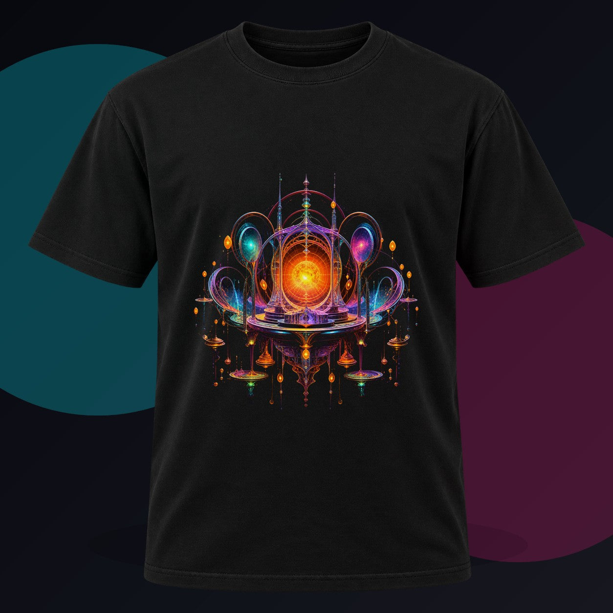 Saffron Void Observatory original KOSVYRE design on a black graphic tee against a graphite studio background