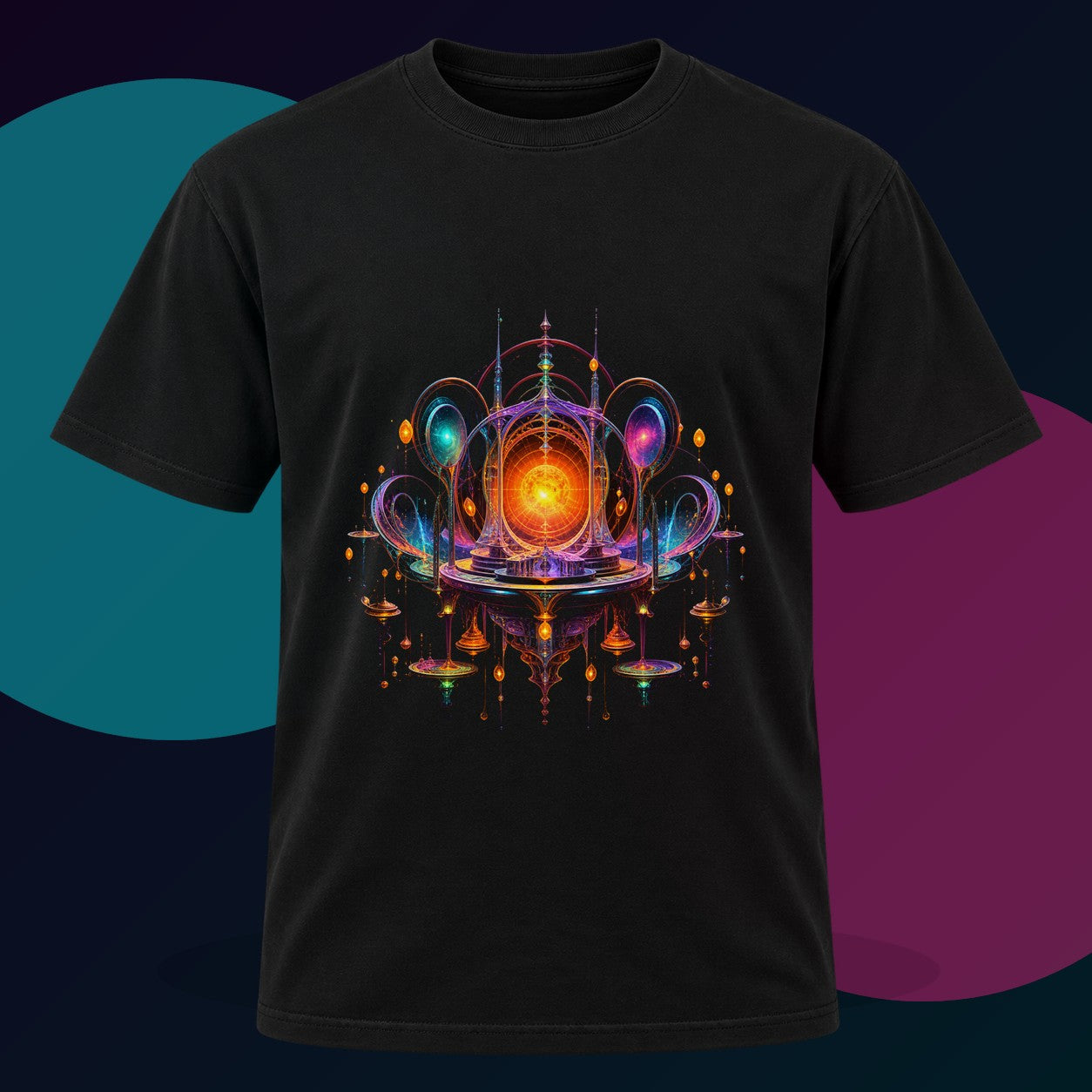 Saffron Void Observatory original KOSVYRE design on a black graphic tee with cyan and violet studio lighting