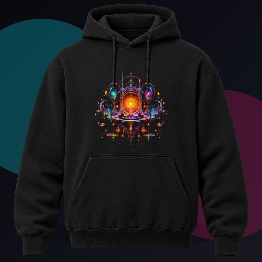 Saffron Void Observatory original KOSVYRE design on a black hoodie against a graphite studio background