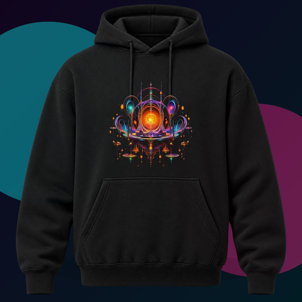 Saffron Void Observatory original KOSVYRE design on a black hoodie with cyan and violet studio lighting