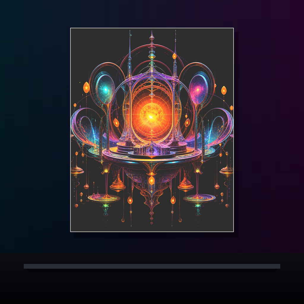 Saffron Void Observatory original KOSVYRE poster displayed in a dark psychedelic gallery setting