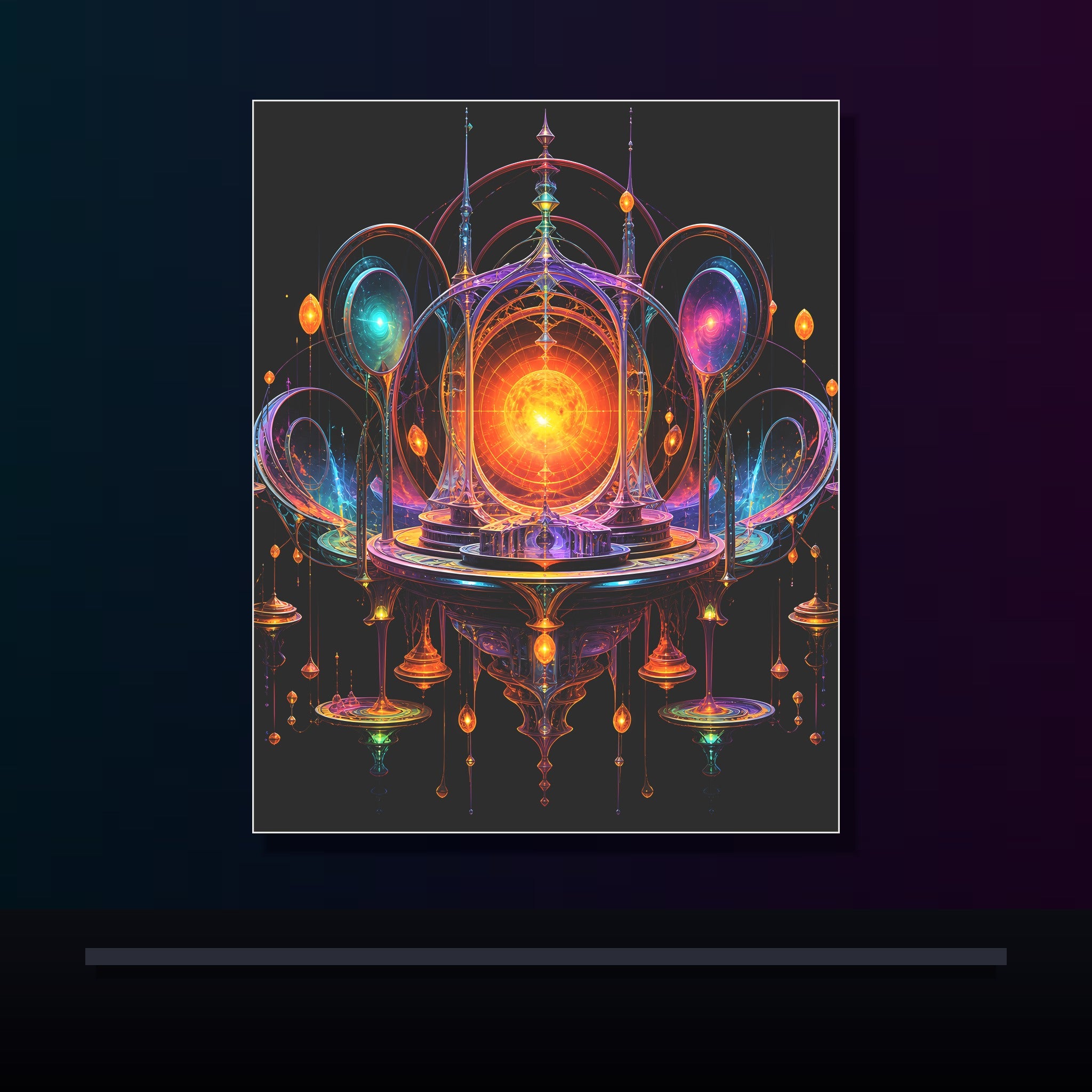 Saffron Void Observatory original KOSVYRE poster displayed in a dark psychedelic gallery setting