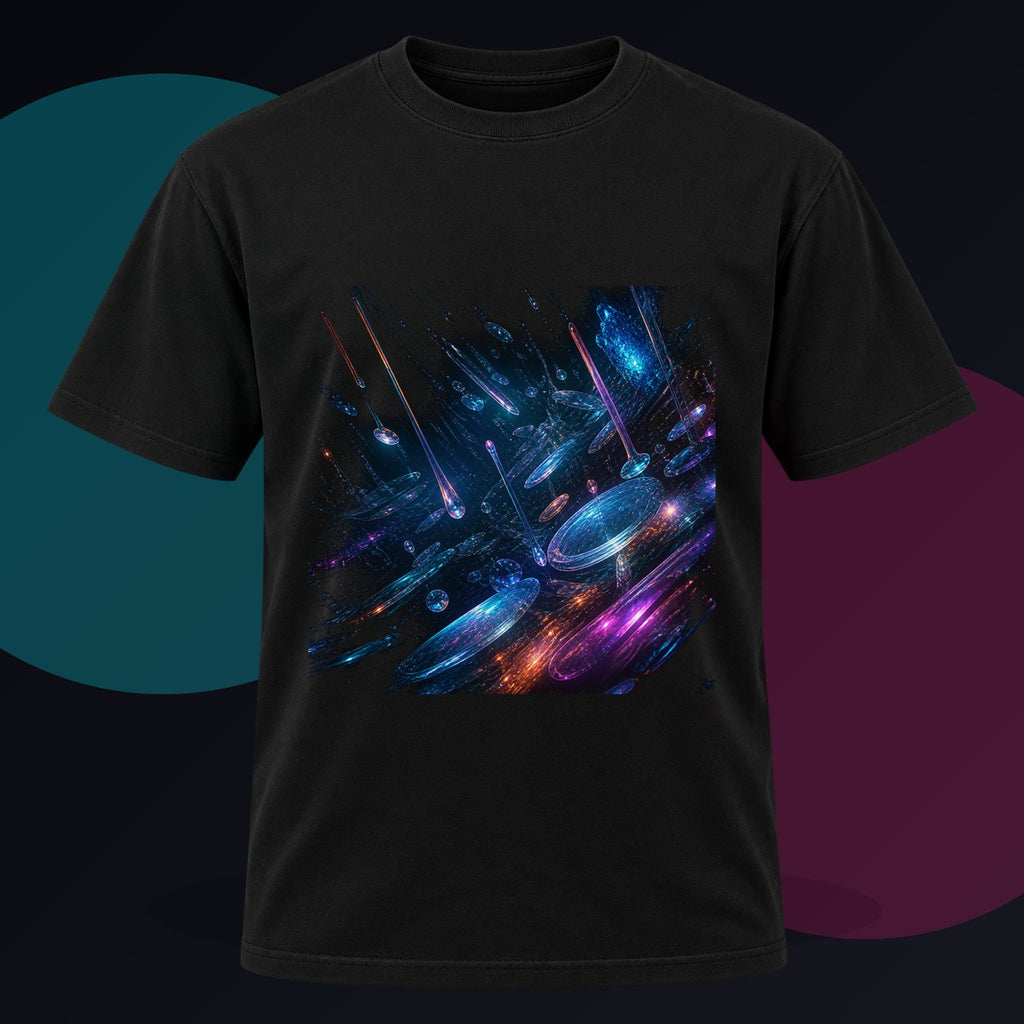 Sea of Glass Instruments original KOSVYRE design on a black graphic tee against a graphite studio background
