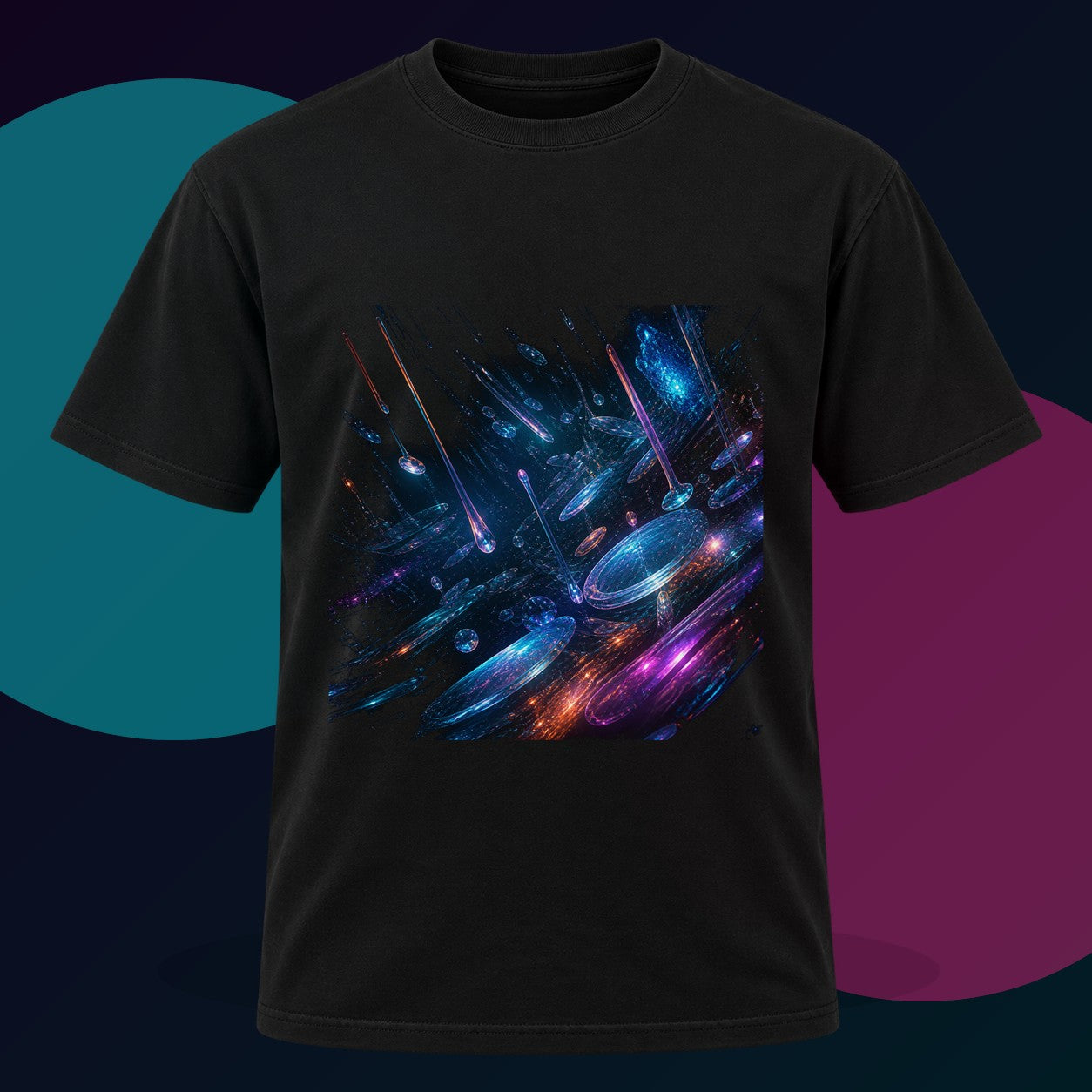 Sea of Glass Instruments original KOSVYRE design on a black graphic tee with cyan and violet studio lighting
