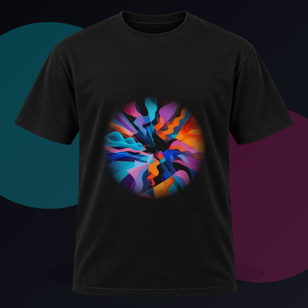 Shatterwave Aperture original KOSVYRE design on a black graphic tee against a graphite studio background