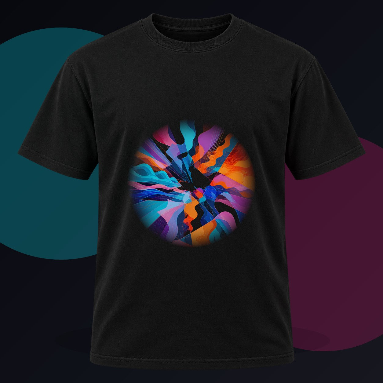 Shatterwave Aperture original KOSVYRE design on a black graphic tee against a graphite studio background