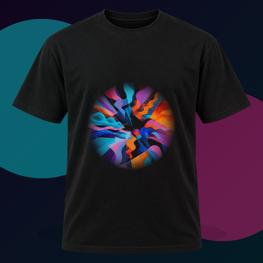 Shatterwave Aperture original KOSVYRE design on a black graphic tee with cyan and violet studio lighting